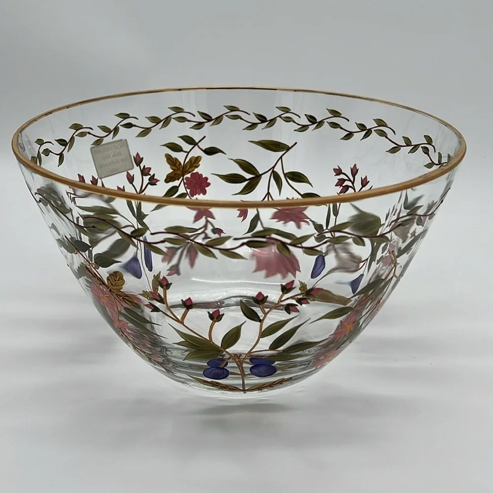Crystal Clear Industries Hand Painted “Amelia” 11” Bowl With 22kt Gold Floral